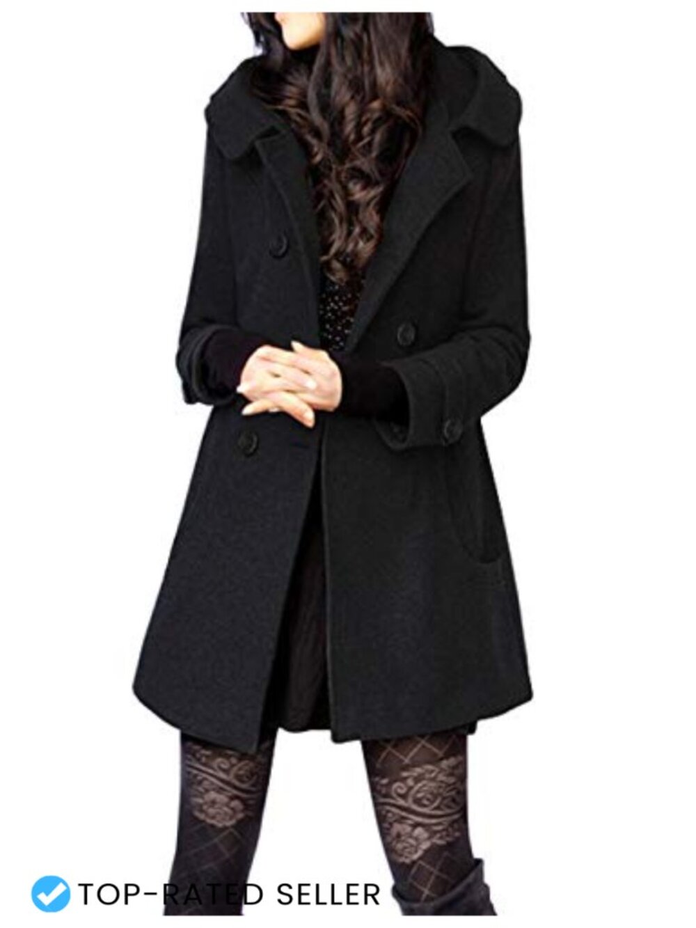 Wool Blend Hooded Peacoat Mid Long Double Breasted